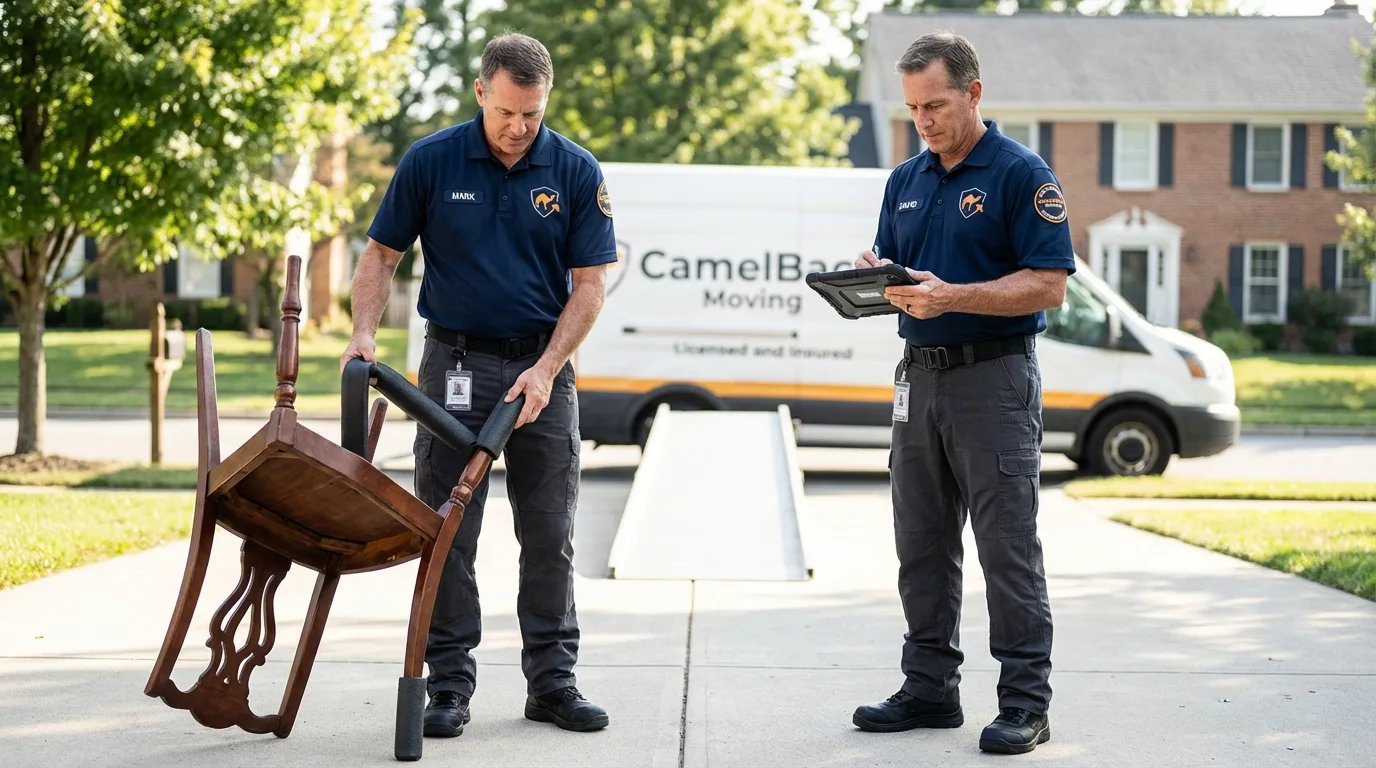 Movers inspecting furniture for damage prevention before loading in Algonquin, IL